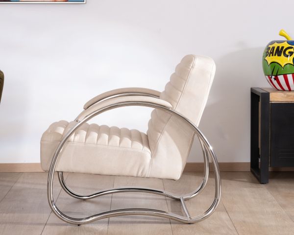 Sillón lounge retro de cuero blanco y acero inoxidable «AstroPop»