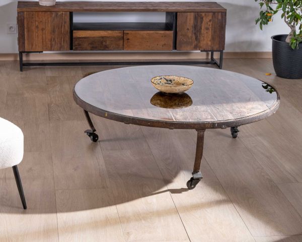 Mesa de centro redonda de madera reciclada y tablero de cristal con patas de metal «Nepalí»
