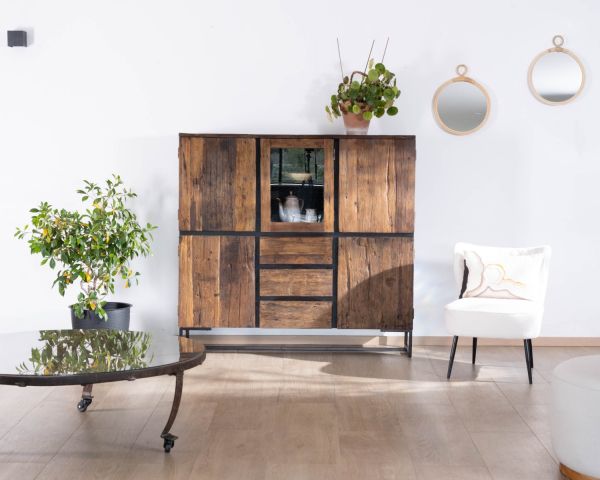 Mesa de centro redonda de madera reciclada y tablero de cristal con patas de metal «Nepalí»