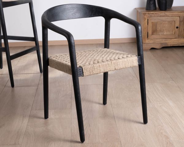 Lote de 2 sillas de diseño en madera negra y asiento de yute trenzado «Vogue»
