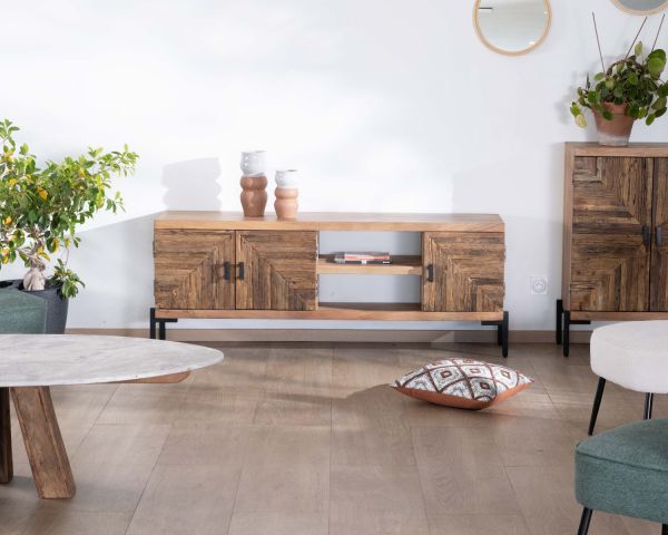 Mueble para la tele de estilo étnico, de madera maciza de acacia y patas de metal «Géonidum», 160 cm, 3 puertas y 2 compartimentos