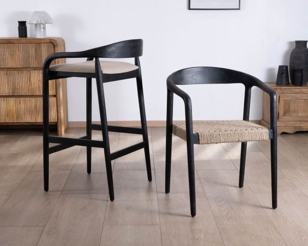 Lote de 2 sillas de diseño en madera negra y asiento de yute trenzado «Vogue»