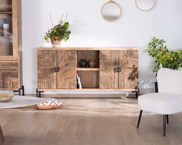 Aparador bajo grande de acacia maciza de 175 cm, estilo étnico «Géonidum»