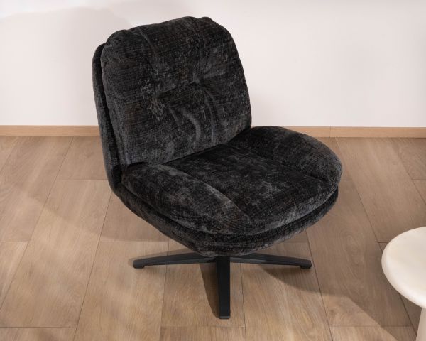 Sillón giratorio de estilo retro, tapizado en tejido bouclé antracita «Panama», con asiento envolvente