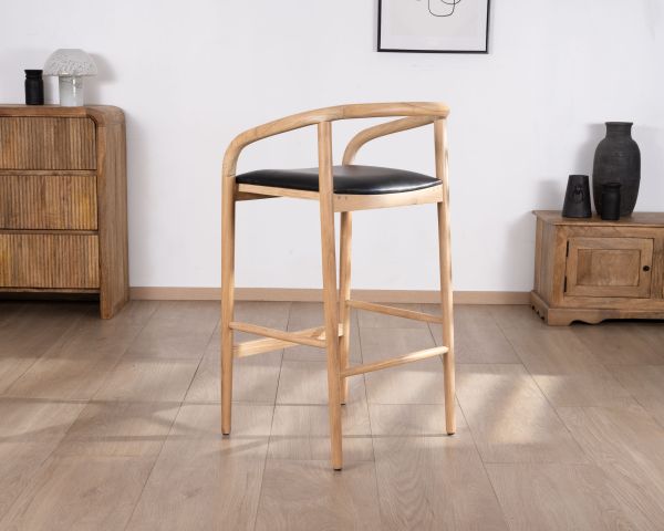 Silla de bar de líneas sencillas, de madera de acacia natural y asiento de PU negro «Vogue»