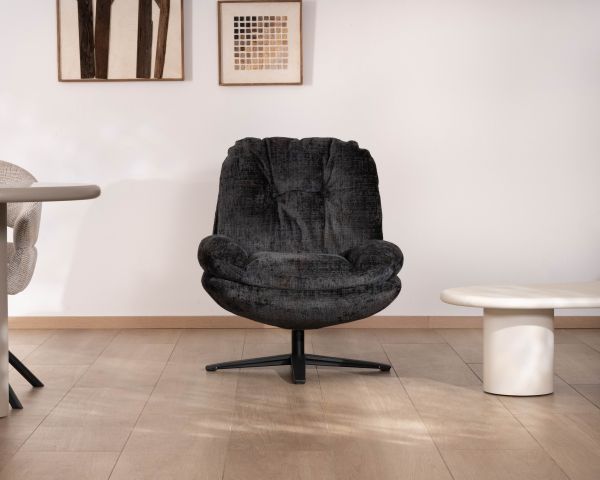 Sillón giratorio de estilo retro, tapizado en tejido bouclé antracita «Panama», con asiento envolvente