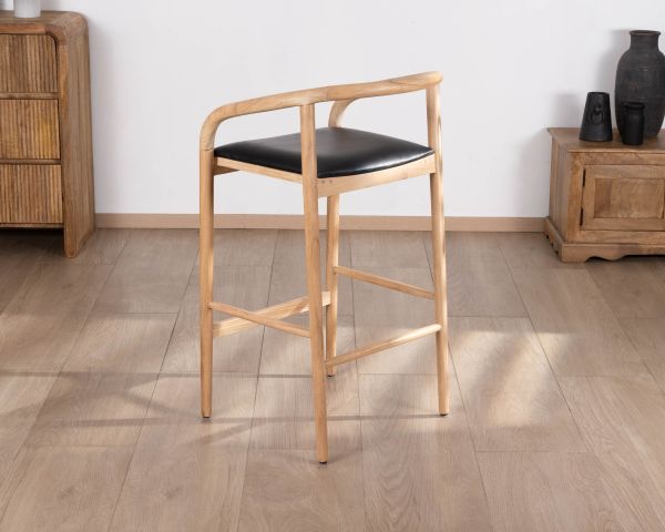 Silla de bar de líneas sencillas, de madera de acacia natural y asiento de PU negro «Vogue»
