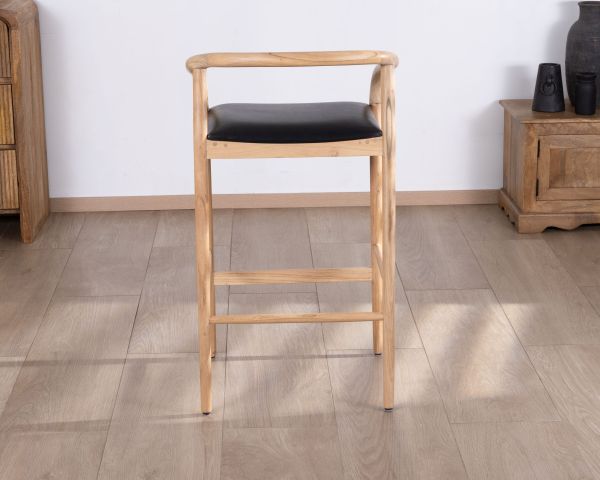 Silla de bar de líneas sencillas, de madera de acacia natural y asiento de PU negro «Vogue»