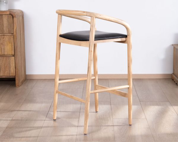 Silla de bar de líneas sencillas, de madera de acacia natural y asiento de PU negro «Vogue»
