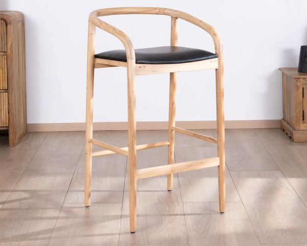 Silla de bar de líneas sencillas, de madera de acacia natural y asiento de PU negro «Vogue»