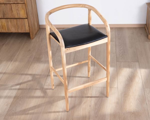 Silla de bar de líneas sencillas, de madera de acacia natural y asiento de PU negro «Vogue»