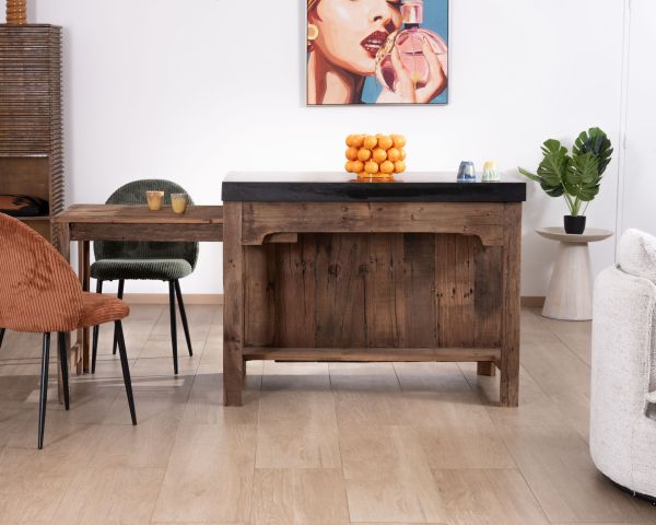  Isla de cocina de teca reciclada con zona de aperitivos extensible «Grana» y encimera de mármol negro