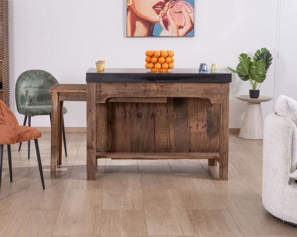  Isla de cocina de teca reciclada con zona de aperitivos extensible «Grana» y encimera de mármol negro