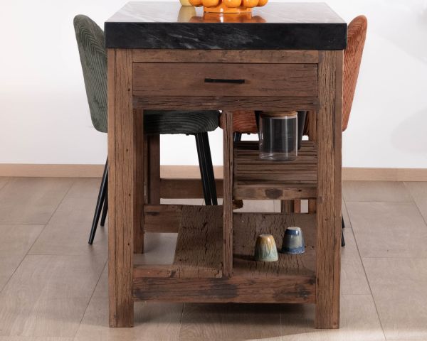  Isla de cocina de teca reciclada con zona de aperitivos extensible «Grana» y encimera de mármol negro