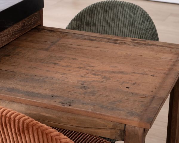 Isla de cocina de teca reciclada con zona de aperitivos extensible «Grana» y encimera de mármol negro