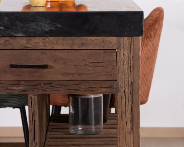  Isla de cocina de teca reciclada con zona de aperitivos extensible «Grana» y encimera de mármol negro