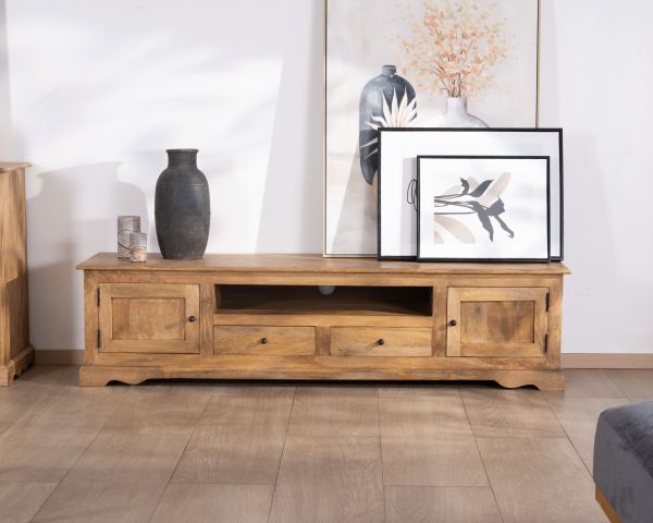 Mueble de televisión grande de 180 cm, estilo rústico chic, en madera de mango «Sarah»