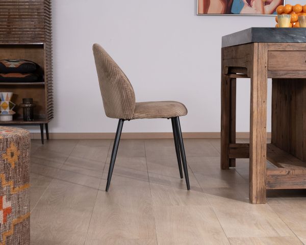 Lote de 4 sillas de comedor de pana color topo, estilo vintage «Bellot» 