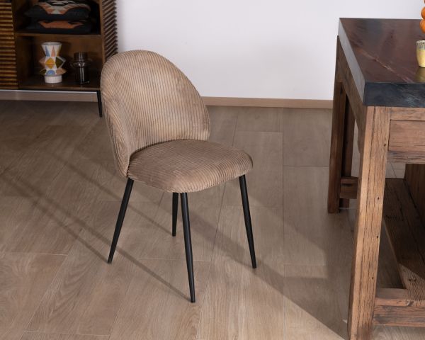 Lote de 4 sillas de comedor de pana color topo, estilo vintage «Bellot» 