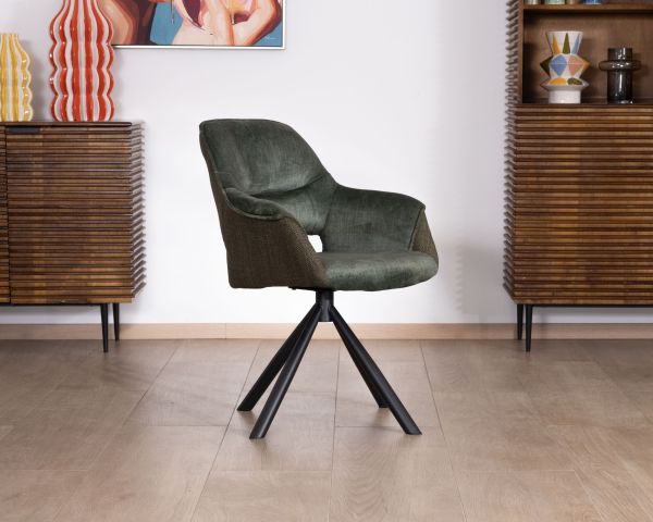 Lote de 2 sillones de comedor envolventes de tejido de doble textura en color verde «Chilko» con base giratoria de metal negro 