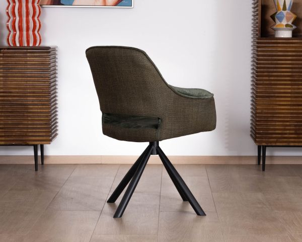 Lote de 2 sillones de comedor envolventes de tejido de doble textura en color verde «Chilko» con base giratoria de metal negro 