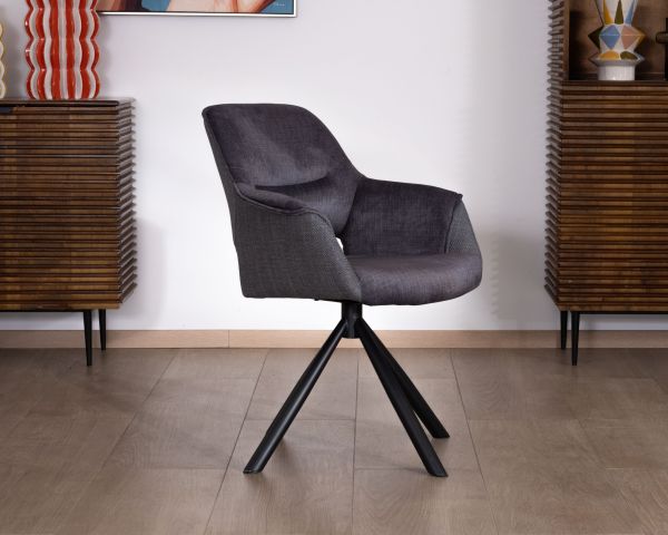 Lote de 2 sillones giratorios de comedor de estilo contemporáneo con base metálica negra «Chilko», en tejido gris de doble textura