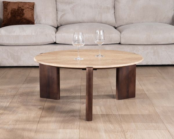 Mesa de salón redonda de travertino y madera de mango «Archipel», 90 cm