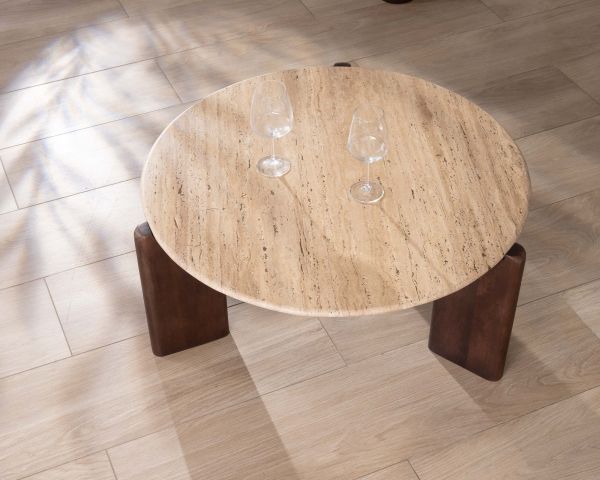 Mesa de salón redonda de travertino y madera de mango «Archipel», 90 cm