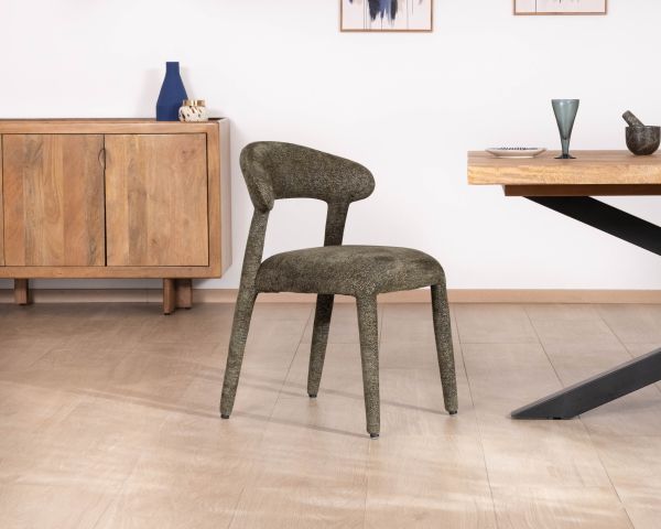 Lote de 2 sillas de comedor de diseño, totalmente tapizadas en tejido de rizo de color caqui «Amarello»