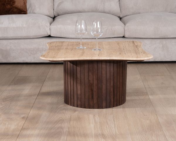 Mesa de centro de diseño «Archipel», de travertino y madera de mango, con patas en forma de semiesferas