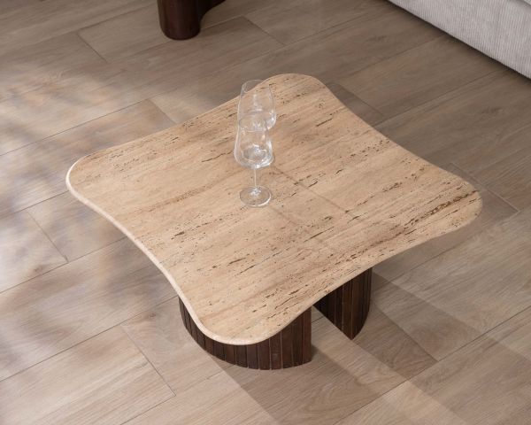 Mesa de centro de diseño «Archipel», de travertino y madera de mango, con patas en forma de semiesferas