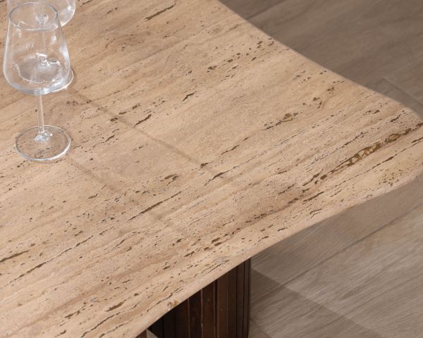 Mesa de centro de diseño «Archipel», de travertino y madera de mango, con patas en forma de semiesferas