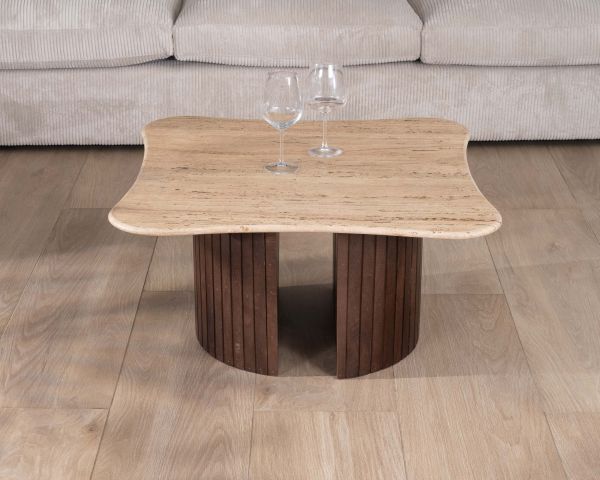 Mesa de centro de diseño «Archipel», de travertino y madera de mango, con patas en forma de semiesferas
