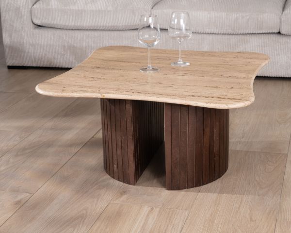 Mesa de centro de diseño «Archipel», de travertino y madera de mango, con patas en forma de semiesferas