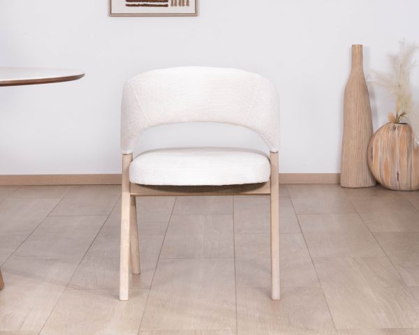 Juego de 2 sillas de comedor de estilo «japandi» «Kyara», en tela cruda natural y madera de caucho