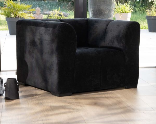 Sillón de diseño cúbico en terciopelo antracita con costuras «Enjoy Home»