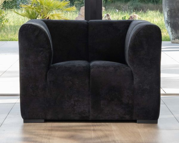 Sillón de diseño cúbico en terciopelo antracita con costuras «Enjoy Home»