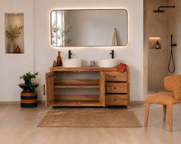 Mueble bajo lavabo doble de madera reciclada «Mokal», de 150 cm, con estilo rústico