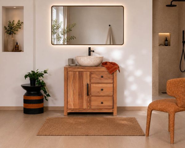 Mueble bajo lavabo de 80 cm de madera reciclada «Mokal», con estilo rústico