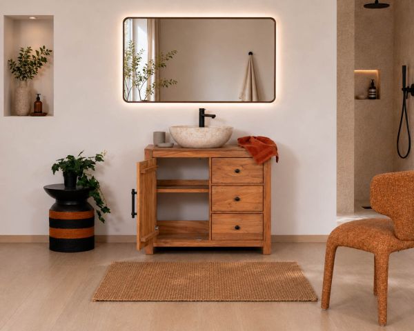 Mueble bajo lavabo de 80 cm de madera reciclada «Mokal», con estilo rústico