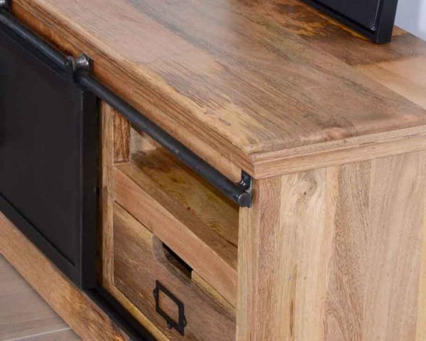 Mueble bajo para televisión de 180 cm, de madera maciza natural y metal gris «Haden»