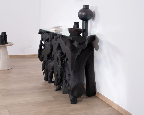 Consola de 150 cm de raíz de teca teñida de negro con tablero de cristal «Jungle»