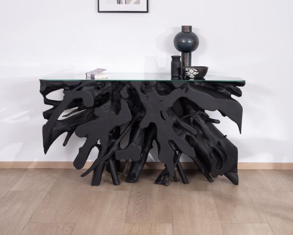Consola de 150 cm de raíz de teca teñida de negro con tablero de cristal «Jungle»