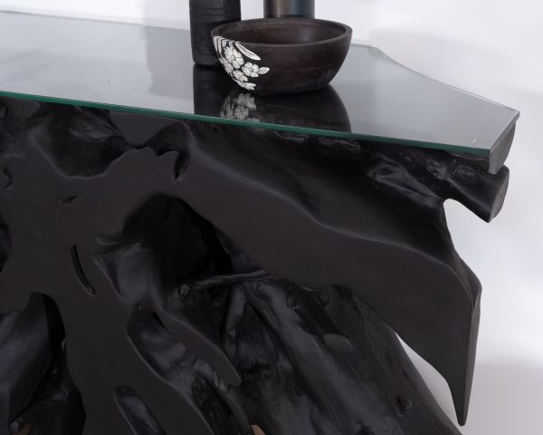 Consola de 150 cm de raíz de teca teñida de negro con tablero de cristal «Jungle»