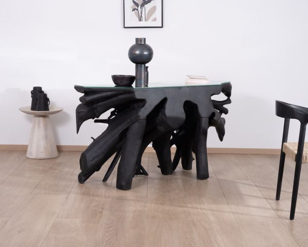 Consola de 150 cm de raíz de teca teñida de negro con tablero de cristal «Jungle»