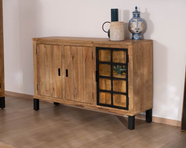 Pequeño aparador de madera maciza de mango con vitrina «Manelo» de 145 cm