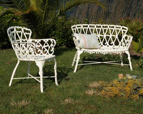 Silla de jardín de hierro fundido con acabado de hierro forjado blanco envejecido «Gardénia»