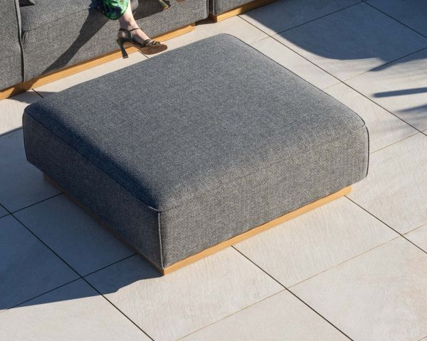 Sofá modular de exterior de teca y tela gris jaspeada «Armando», en forma de L con otomana