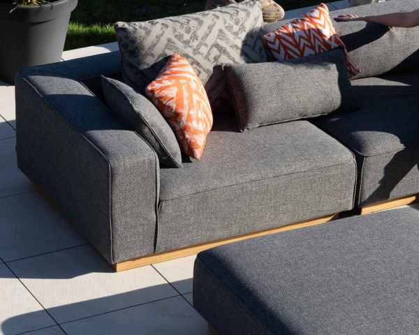 Sofá modular de exterior de teca y tela gris jaspeada «Armando», en forma de L con otomana