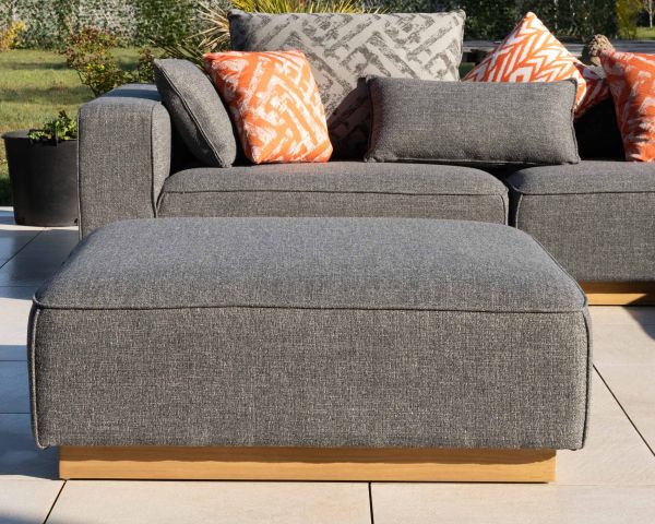 Sofá modular de exterior de teca y tela gris jaspeada «Armando», en forma de L con otomana